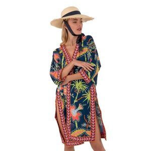 Gretchen Scott Designs Navy Tropical Floral Swim Coverup with Coral Trim